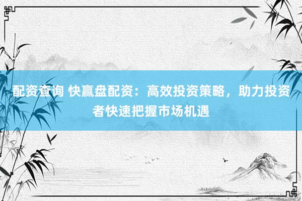 配资查询 快赢盘配资：高效投资策略，助力投资者快速把握市场机遇
