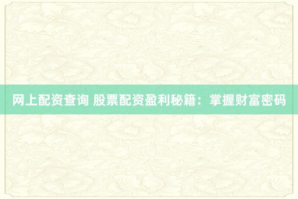 网上配资查询 股票配资盈利秘籍:掌握财富密码